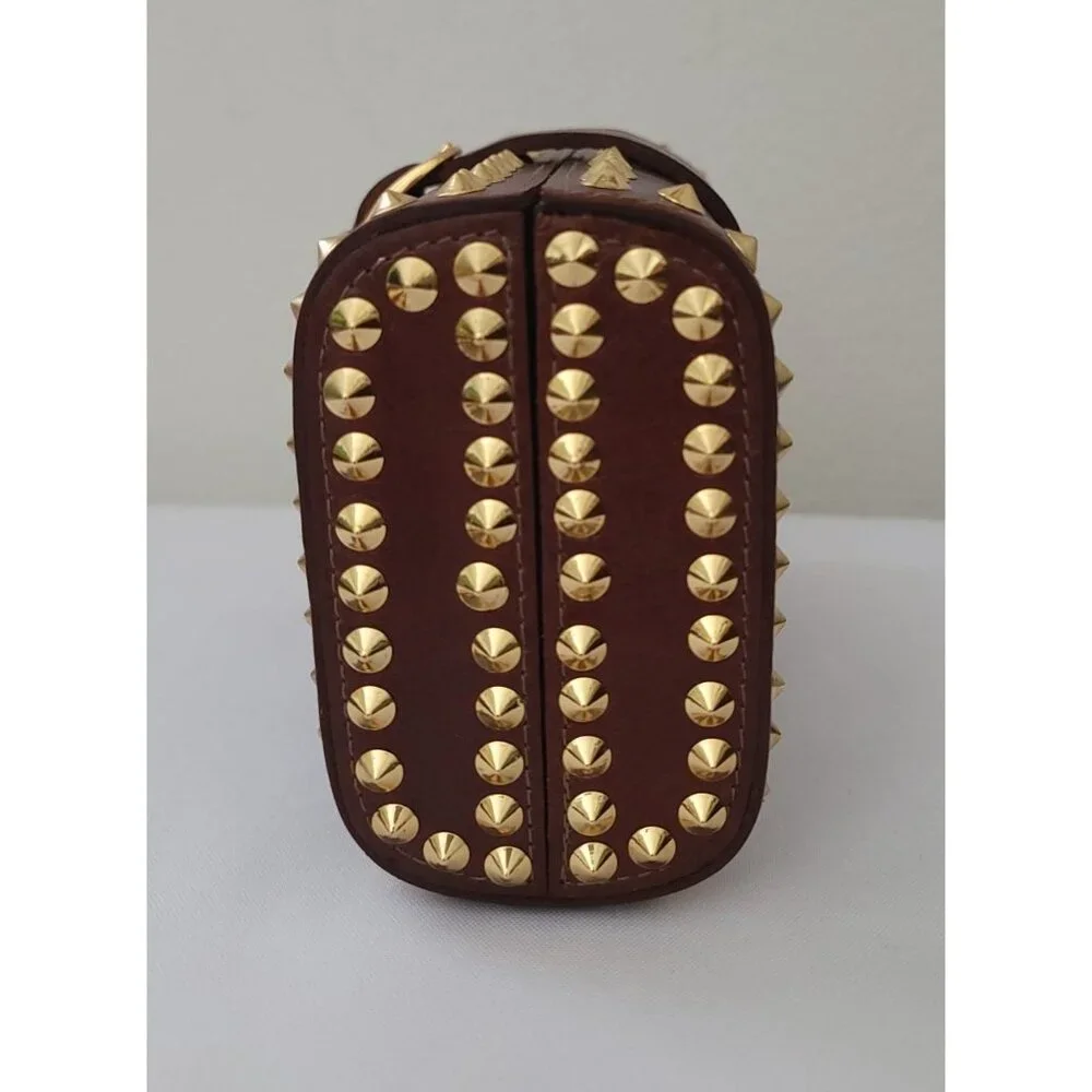 CC SKYE Brown Leather Studded Mini Handheld Clutch With Gold Buckle Detail - Picture 2 of 9